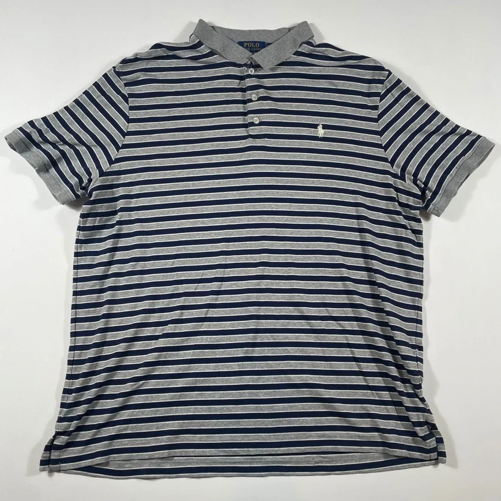 Polo Ralph Lauren Polo Shirt Mens XL Classic Fit Striped Navy Gray Cotton